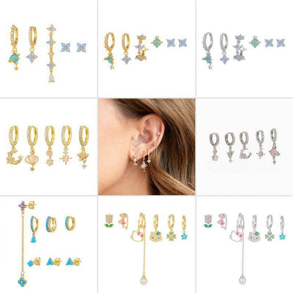 Multi Sets of Blue Flower Pierced Earrings, 4-6pcs, 18k Gold Plated Stud Drop Hoop Huggie Cuff Chain, S925 Needle