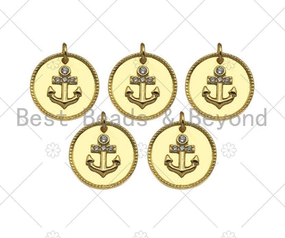 Gold Filled CZ Micro Pave Boat Anchor On Round Coin Shape Pendant, 18K Gold Filled Medallion  Charm, Necklace Bracelet Charm,16mm,Sku#LK340
