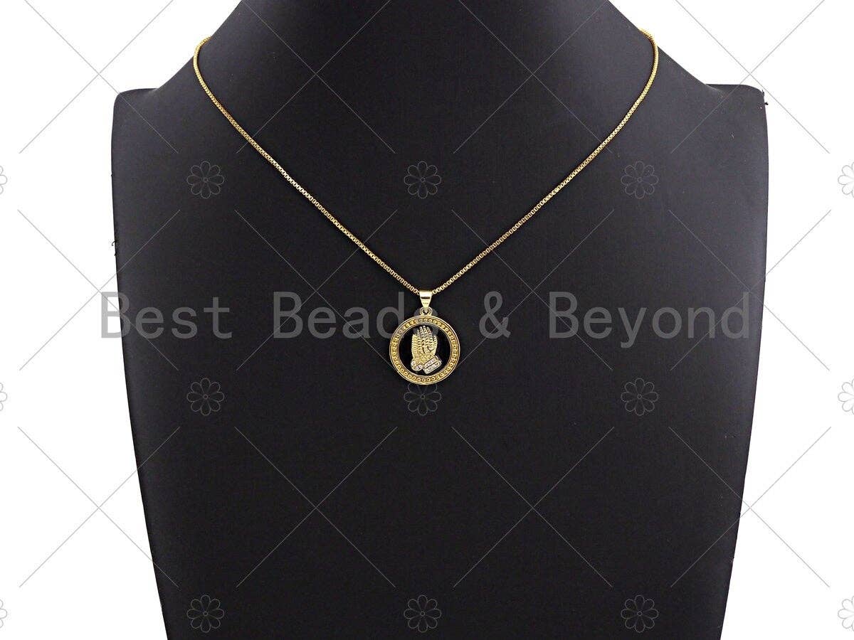 CZ Micro Pave Enamel Prayer Hand Pendant, 3D Embossment Hands Charm, Coin Jewelry, 19mm,sku#LK03