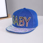 Men's And Women's Identical Colorful Diamond BABY Letter Hot Stamping Diamond Brim Hat. This Stylish Hip-hop Style Flat Brim Hat Is Suitable For Personalized Streetwear Outfits.