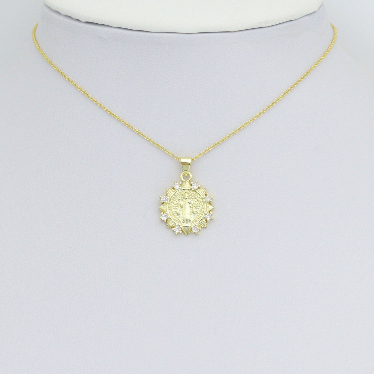 CZ Gold Saint Flower Coin Charm Pendant, Sku#LK1184