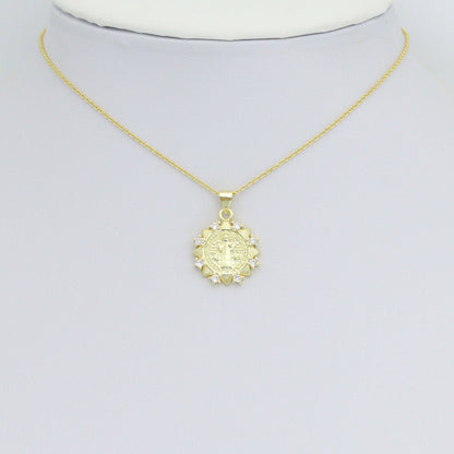 CZ Gold Saint Flower Coin Charm Pendant, Sku#LK1184