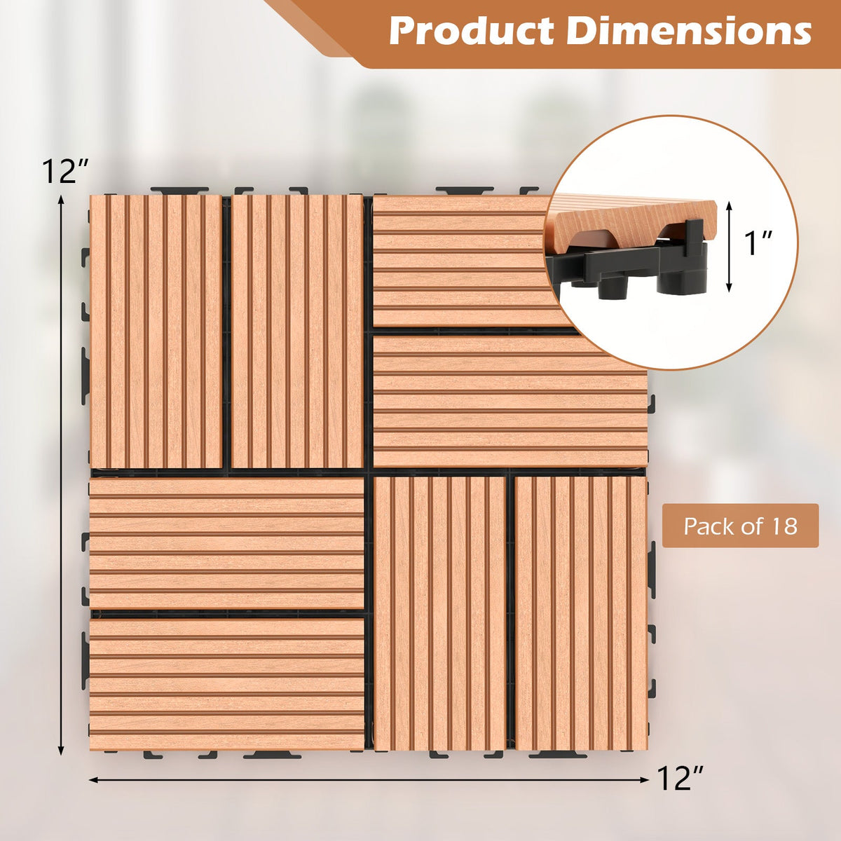 18 Pieces 12 x 12 Inch All Weather Interlocking Deck Tiles