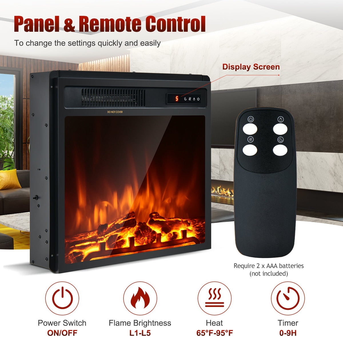 18 Inch 1500W Electric Fireplace Freestanding and Recessed Heater