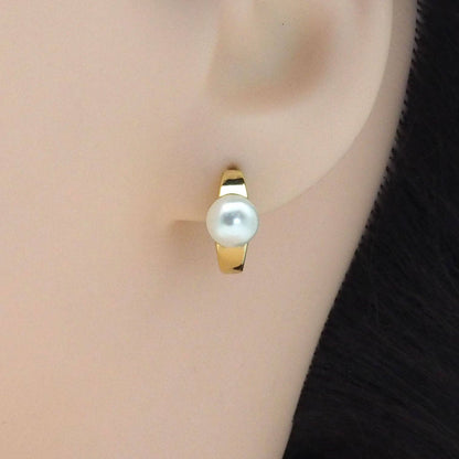 CZ Gold Silver Pearl Hoop Earrings, Sku#B360