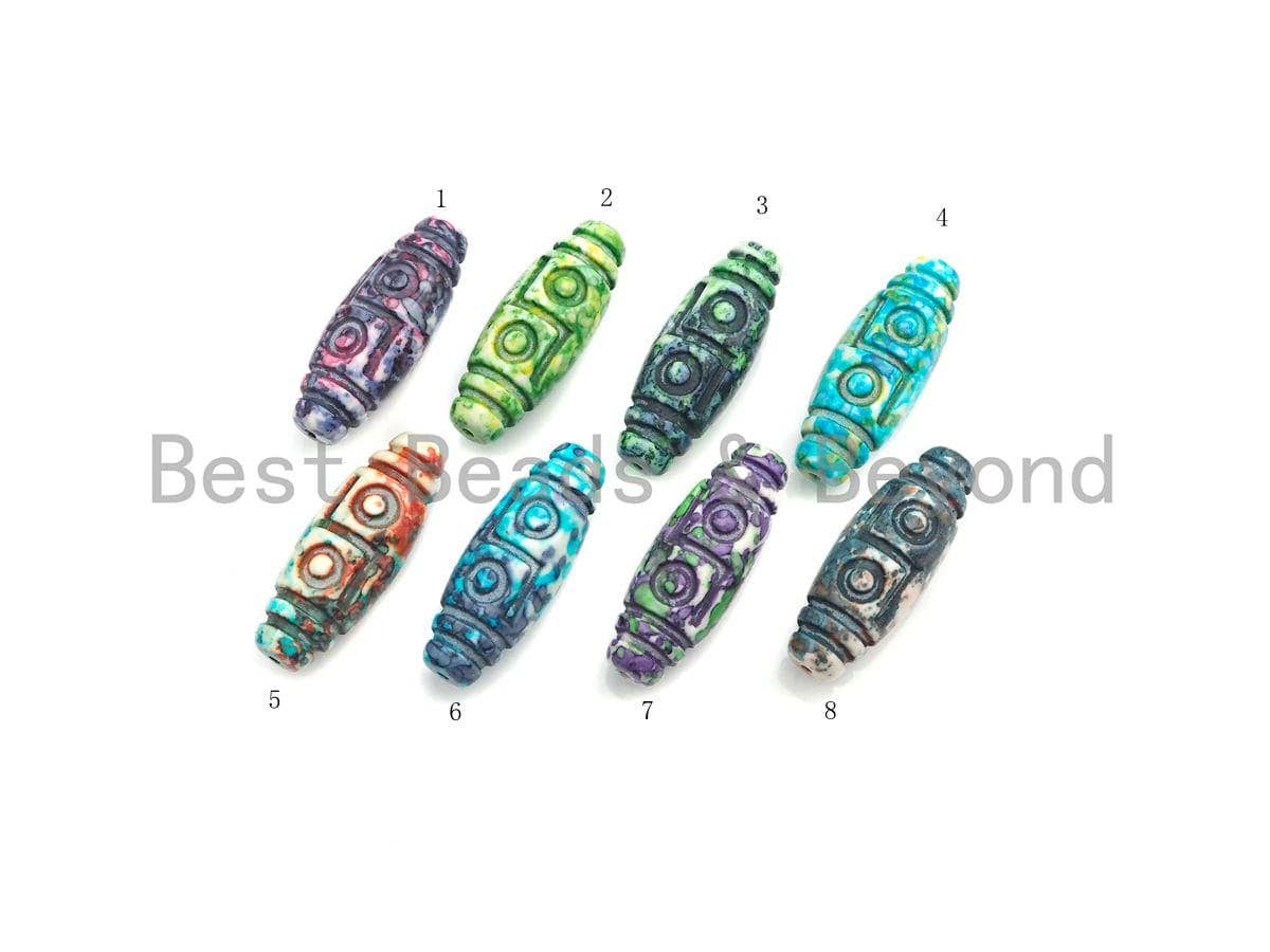 Colorful Engraved Long Oval Tibetan Spacer Beads, Multicolor