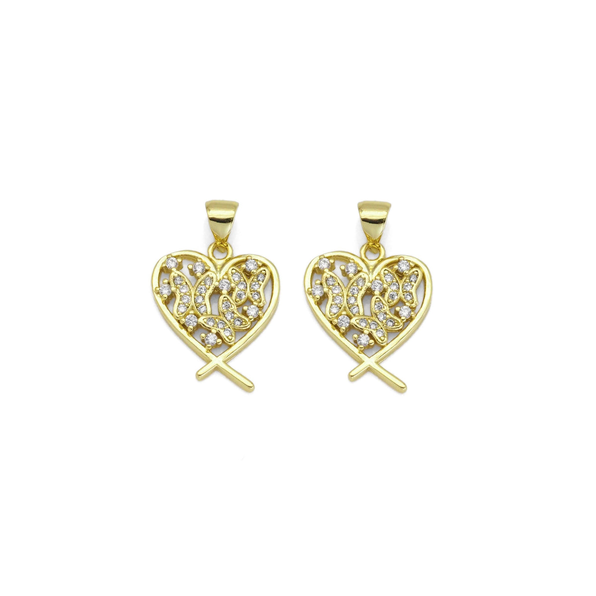 Gold CZ Butterfly On Heart Charm, Sku#LK887