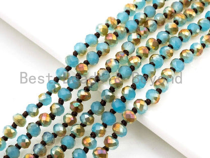 60/36 Long Hand Knotted Blue Gold Color Crystal Necklace, Double Wrap Necklace, Turquoise Color 4mm/8mm Rondelle Crystal Beads, SKU#D19