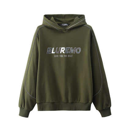 Mens American-style High-street Reflective-striped Hooded Sweatshirt Mirrored Finish