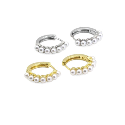 CZ Gold Silver Pearl Hoop Earrings, Sku#B361