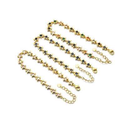 Colorful CZ Gold Star Heart Adjustable Bracelet, Sku#LD372