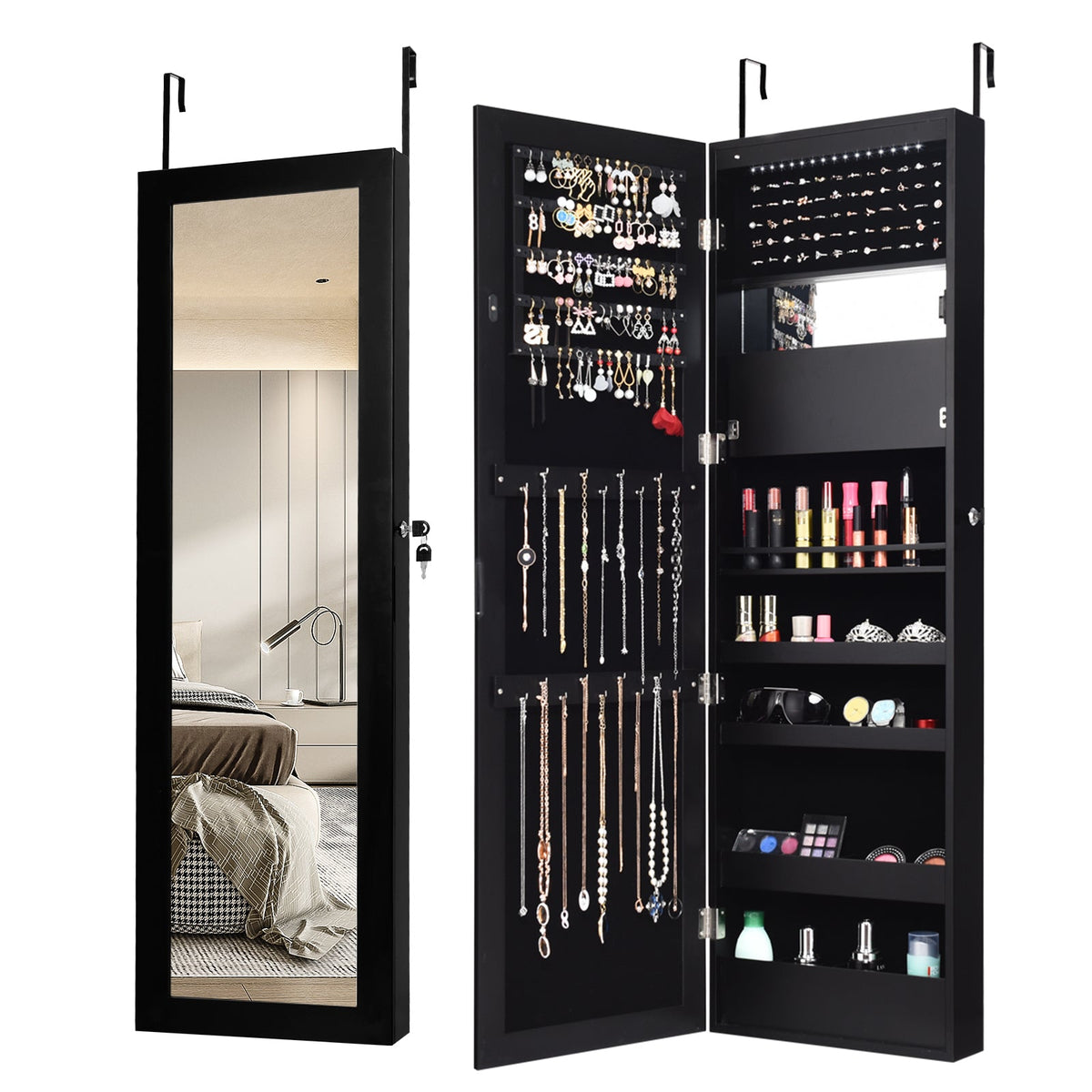 Lockable Wall Door Mounted Mirror Jewelry Cabinet w/LED Lights