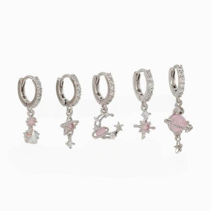 Multi Sets of Blue Flower Pierced Earrings, 4-6pcs, 18k Gold Plated Stud Drop Hoop Huggie Cuff Chain, S925 Needle