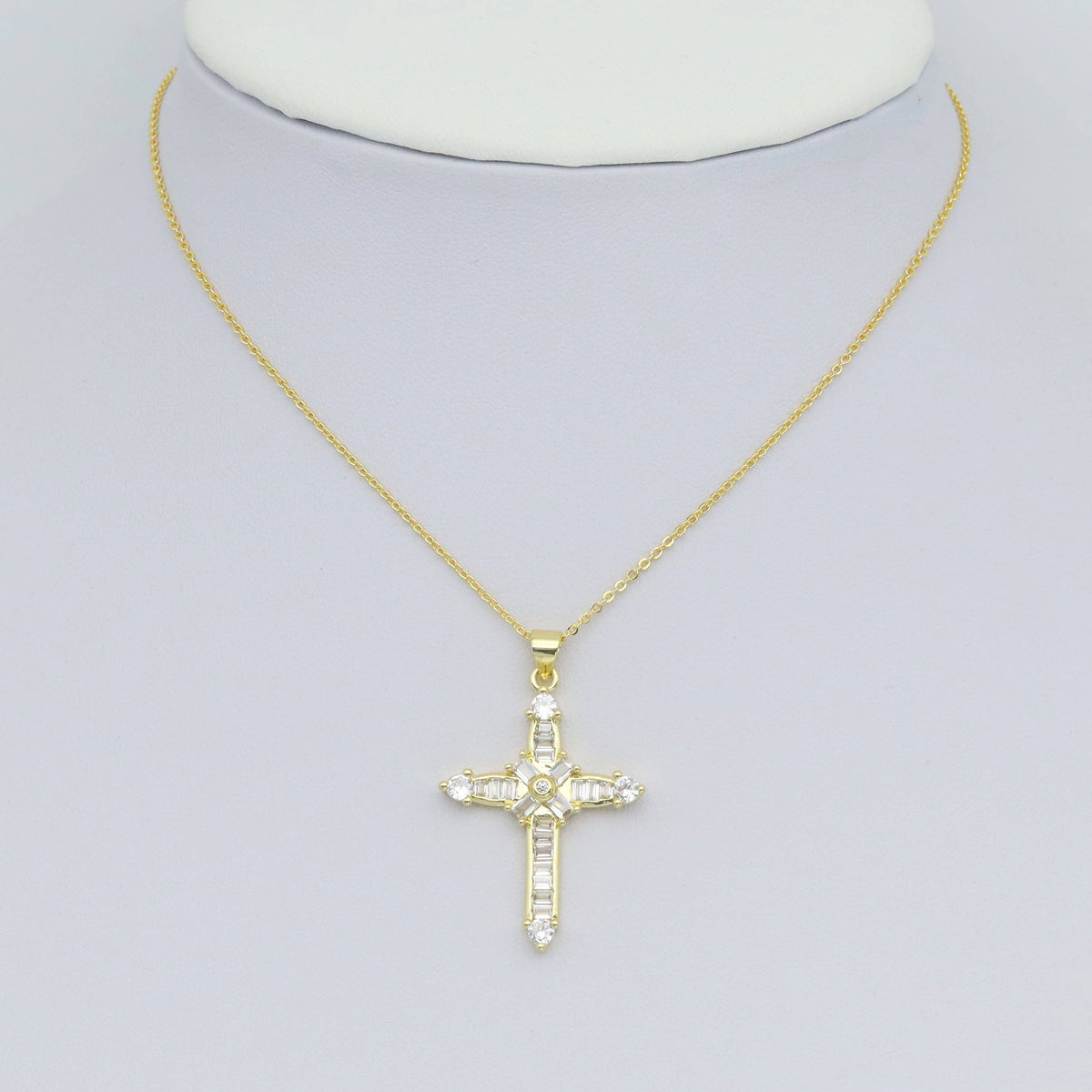 Gold Clear Baguette CZ Cross Charm Pendant, Sku#LD638