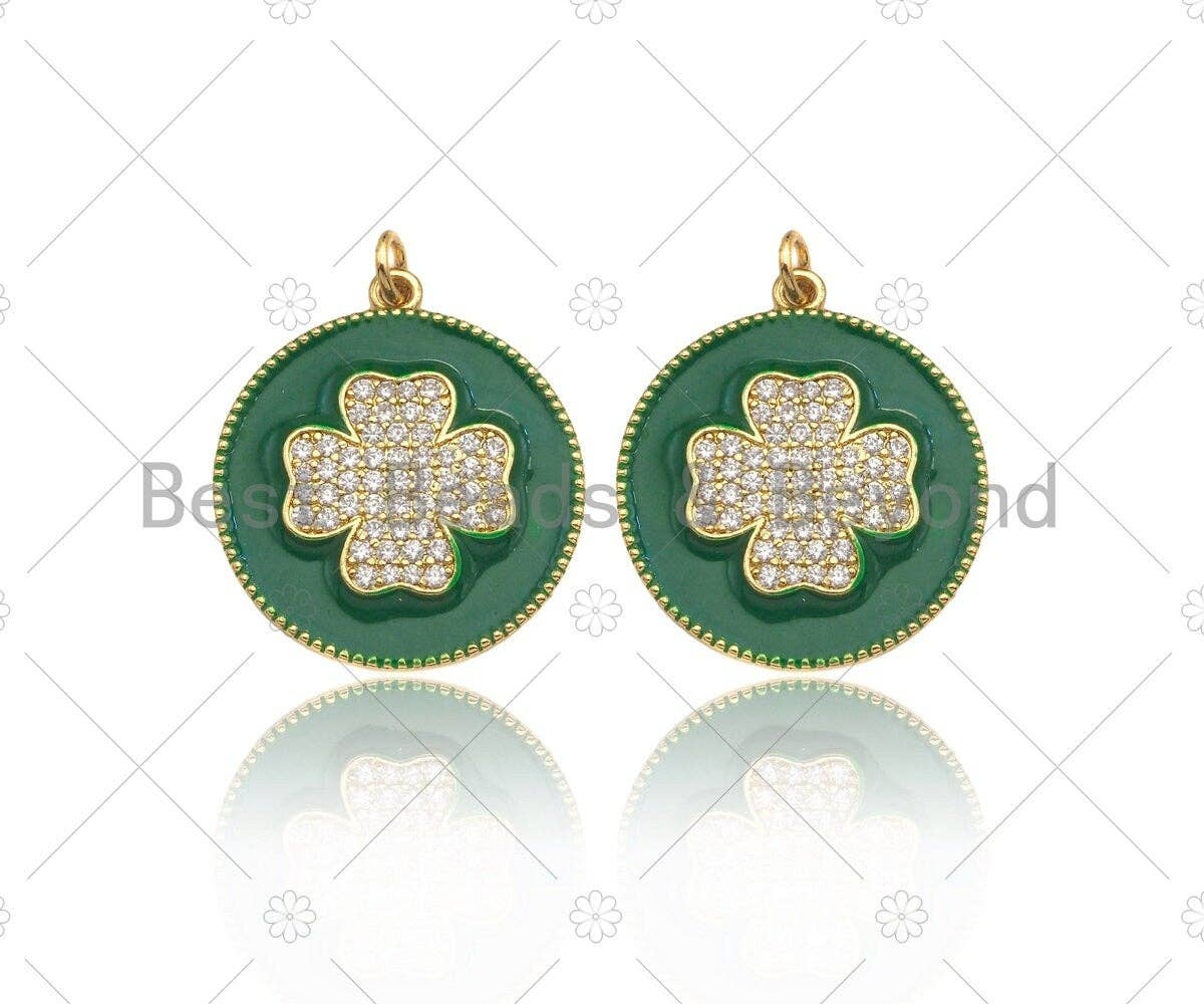 CZ Gold Clover On Green/Pink/Black/White/Red/Blue Enamel Round Coin Shape Pendant, 18K Gold Enamel Charm, Enamel Jewelry, 25x28mm,Sku#B131