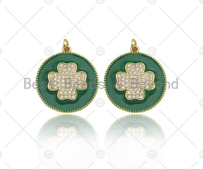 CZ Gold Clover On Green/Pink/Black/White/Red/Blue Enamel Round Coin Shape Pendant, 18K Gold Enamel Charm, Enamel Jewelry, 25x28mm,Sku#B131