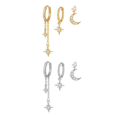 Stacking 3 Pieces Lunar Starlight Glow Earring Set, 18k Gold and White Gold Stud Drop Hoop, S925 Needle, Stacked Lobe Designs with Dazzling Zirconia