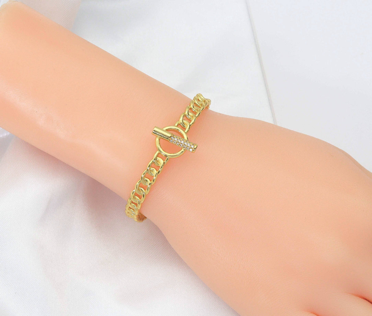 Gold CZ Pave Thin Toggle Handcuff Cuff bracelet, sku#JL118