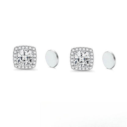 Magnetic CZ Square Halo Stud Earrings for Men Women, Non-Piercing Clip On Studs, Square Cubic Zirconia Stainless Steel