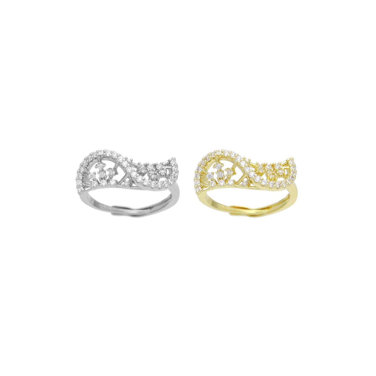 Gold Silver CZ Twisted Fan Statement Adjustable Ring, Sku#A424