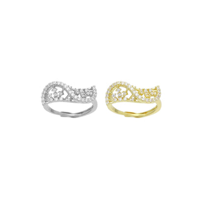 Gold Silver CZ Twisted Fan Statement Adjustable Ring, Sku#A424