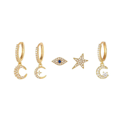 Stacking 5 Pieces Mystic Moon & Evil Eye Earring Set, 18k Gold Hoop Drop, S925 Needle, Stacked Lobe Designs with Dazzling Zirconia