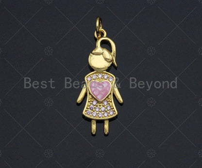 Girl With Pink Heart Pendant/Charm, Mother-of-pearl Inlay Heart Pendant, Cubic Zirconia Pendant, 11x26mm, Sku#LK74