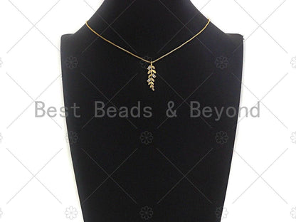 18K Gold  CZ Pave Leaf Pendant, Gold Leaf Pendant, Gold plated Leaf, 9x30mm, Sku#LK27
