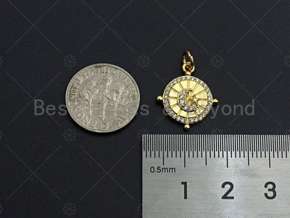 18K Gold CZ Micro Pave Star Moon Swirl Patten Charm, Dainty Gold Coin Charm, 15mm, Z1139