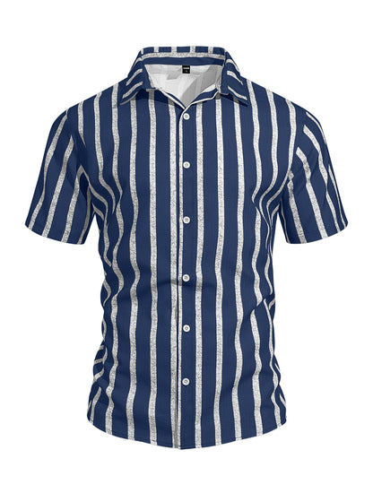 Men's Plus-Size Light Mature Lapel Striped Short-Sleeve Shirt