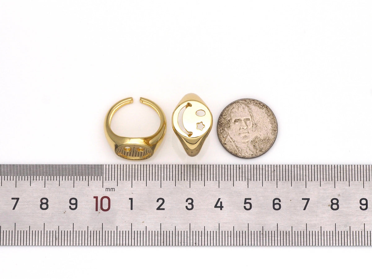 Star Eye Smiley Face Gold Filled Brass Signet Ring, sku#LD153C