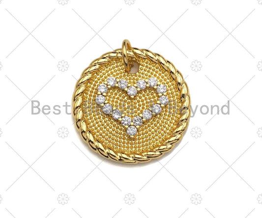 CZ Micro Pave Heart On Round Coin Charm/Pendant, Heart Shape Charm, Gold Coin Pendant, Gold plated charm, 18mm, Sku#LK131