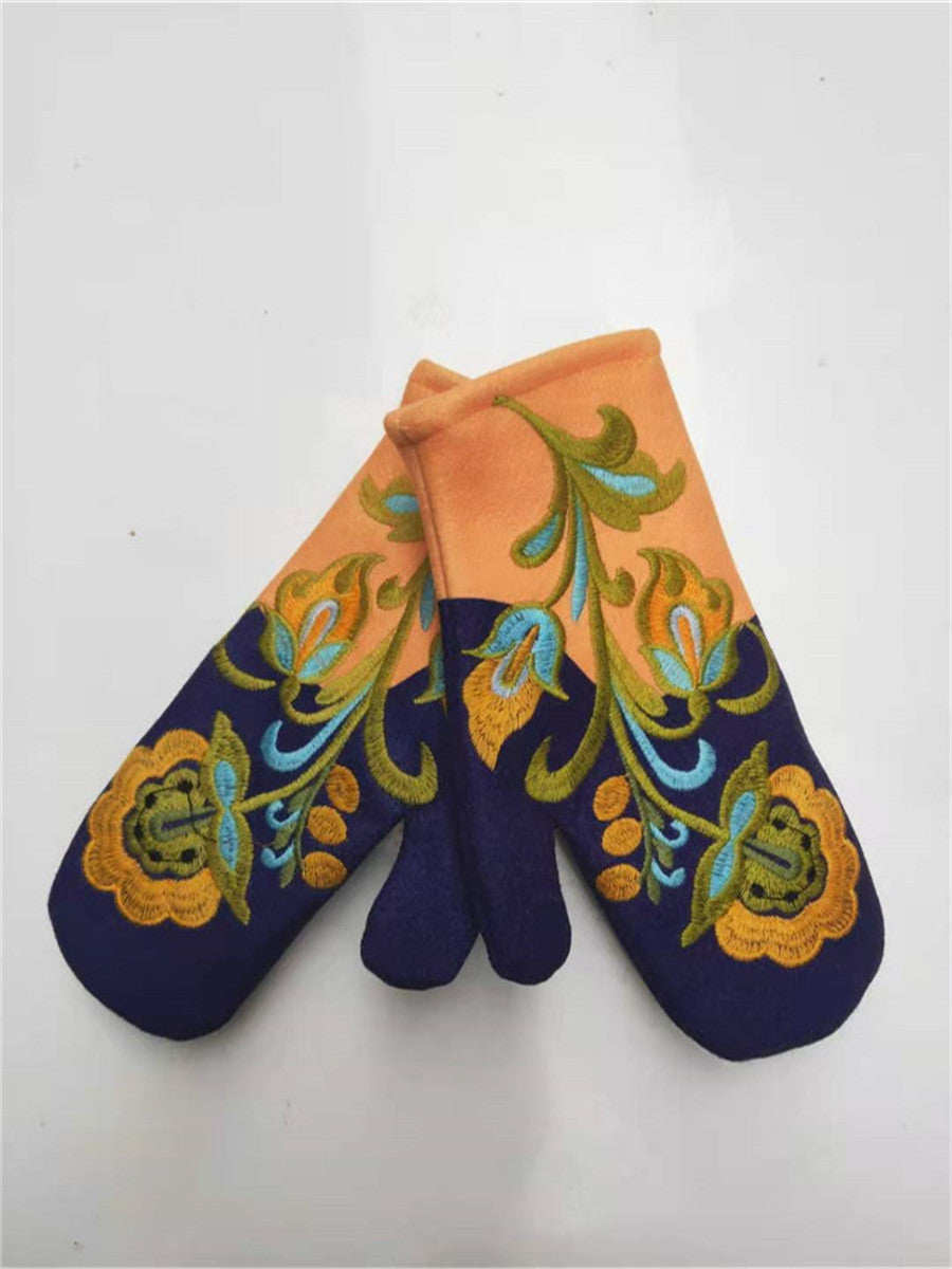 Thickened Color-block Embroidered Winter Warm Gloves For Women