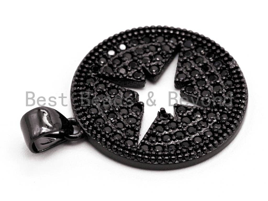 Black CZ Pave On Black Micro Pave Hollow Star Round Pendant/Charm, Cubic Zirconia Pendant, 18x21mm, F374