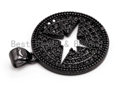 Black CZ Pave On Black Micro Pave Hollow Star Round Pendant/Charm, Cubic Zirconia Pendant, 18x21mm, F374