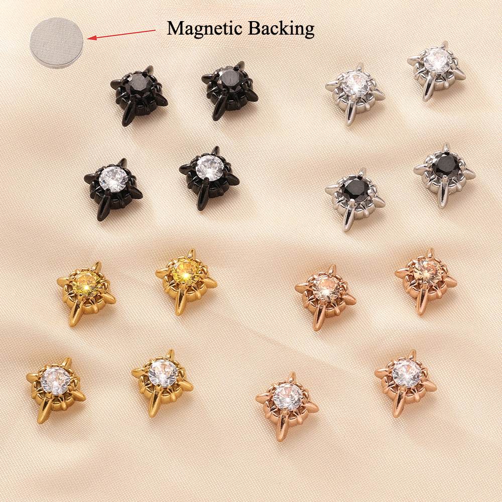 Magnetic 4-Pointed Star CZ Stud Earrings for Men Women, Multicolor Non-Piercing Clip On Stainless Steel