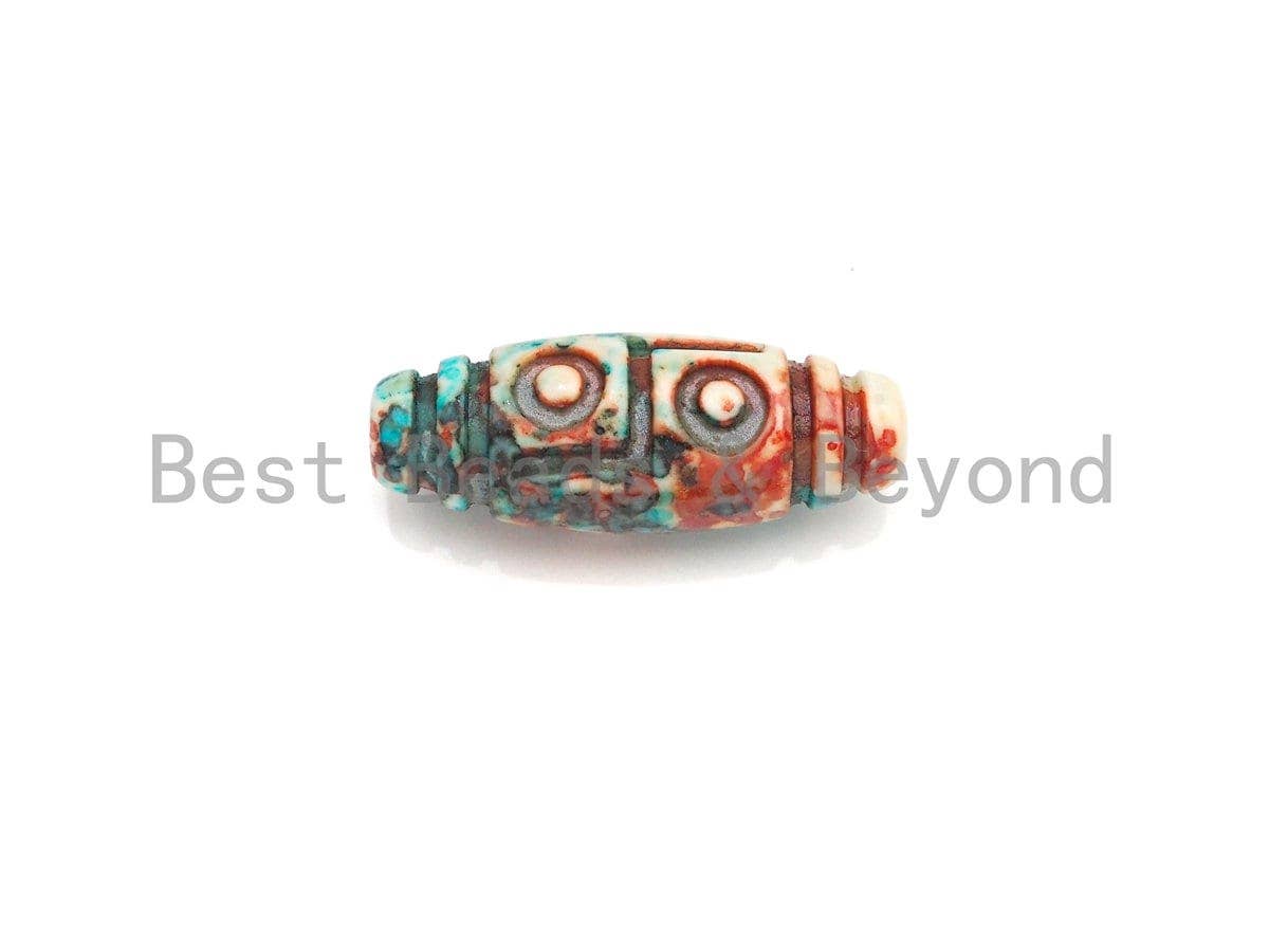 Colorful Engraved Long Oval Tibetan Spacer Beads, Multicolor