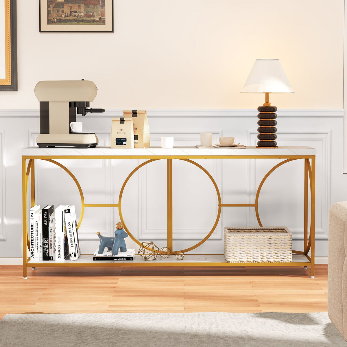 2-Tier Faux Marble Top Console Table with Storage Shelf-White