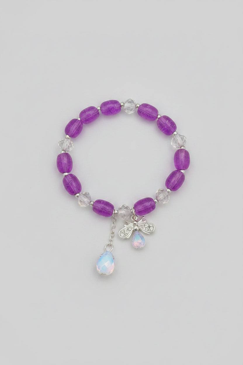 Boho Pink Glass Bead Elastic Bracelet With Bee Charm