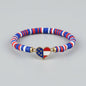 USA Flag Heart Charm Red White and Blue Bead Elastic Bracelet