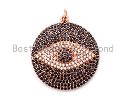 CZ Micro Pave Black Evil Eye on Disc Round Charm/Pendant, Black CZ in Black/Gold/Silver Finish, 40mm,Sku#L3