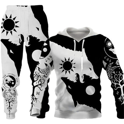 Animal-print Hooded Pullover Sweatshirt And Menswomens Sportswear Set