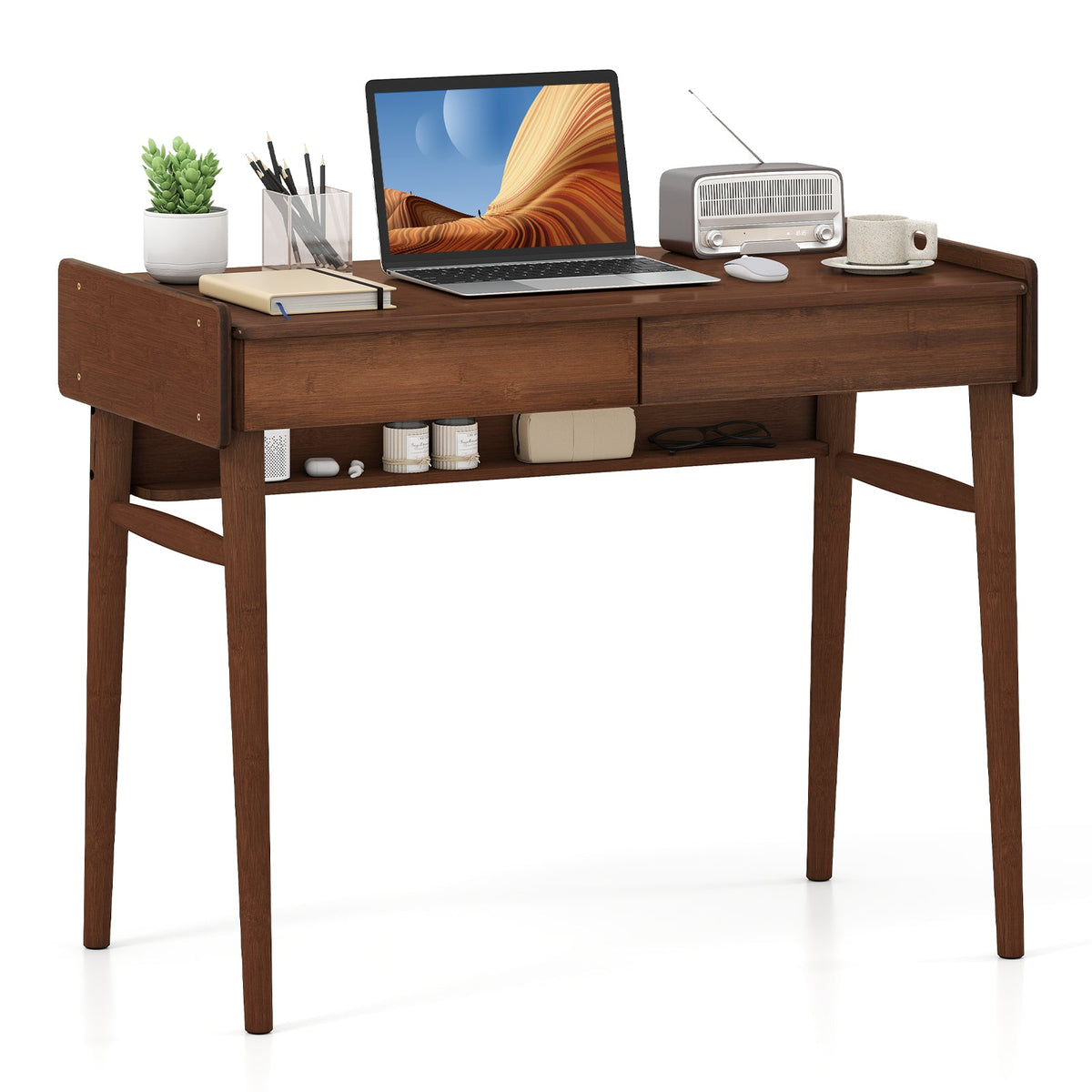 Bamboo Writing Desk with 2 Storage Drawers and Open Shelf