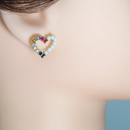 Colorful CZ Pearl Heart Stud Earrings, Sku#LD388