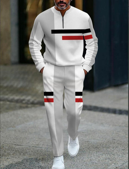 Mens Casual Fashion Long-Sleeve Top And Pants Set With A Half-Open Placket And Zipper