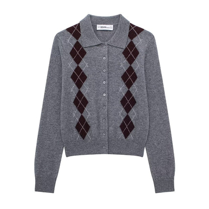 Womens Fashion Lapel Long-Sleeve Single-Breasted Knit Cardigan