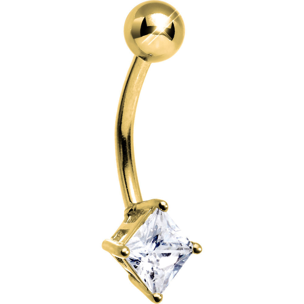16G Solid 14k Yellow Gold 5mm CZ Square Solitaire Belly Ring