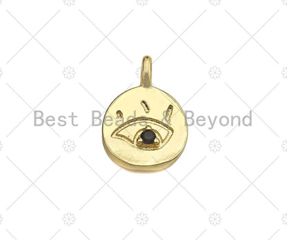 Black CZ Micro Pave Evil Eye On Round Coin Shape Charm, 18K Dainty Gold Medallion Charm, Necklace Bracelet Charm Pendant,14x19mm, Sku#LK252