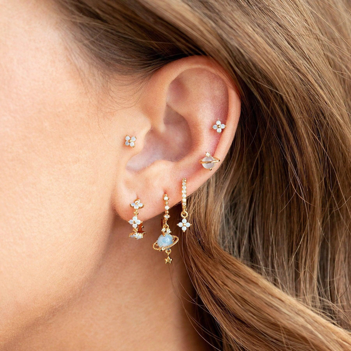 Multi Sets of Blue Flower Pierced Earrings, 4-6pcs, 18k Gold Plated Stud Drop Hoop Huggie Cuff Chain, S925 Needle