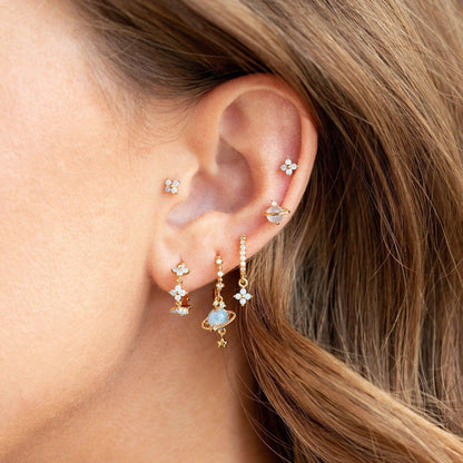 Multi Sets of Blue Flower Pierced Earrings, 4-6pcs, 18k Gold Plated Stud Drop Hoop Huggie Cuff Chain, S925 Needle